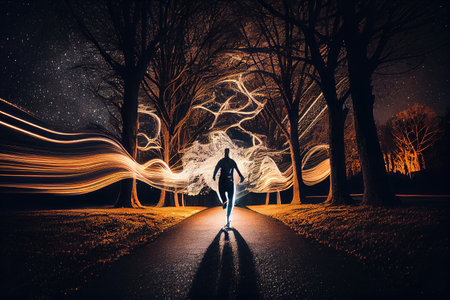 person, running through long exposure of park at night with light trails and stars, created with generative aiの素材