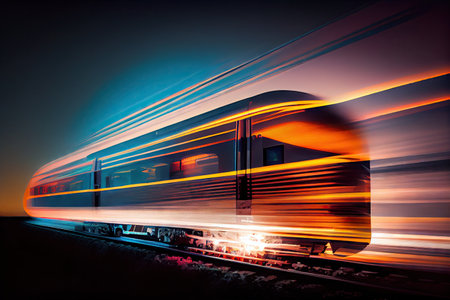 speeding train, with light streaking past the windows and reflective surfaces, created with generative aiの素材