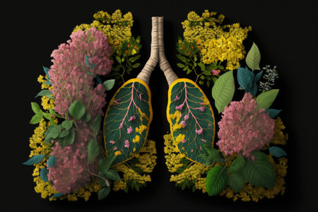 a pair of lungs made from pink and yellow flowers, surrounded by greenery, created with generative aiの素材