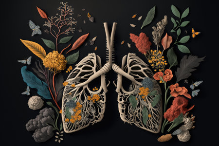 scene, with lungs made from flowers and bones arranged in a macabre manner, created with generative aiの素材