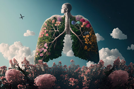 person, resting in peaceful garden, with view of the sky and lungs made from flowers, created with generative aiの素材