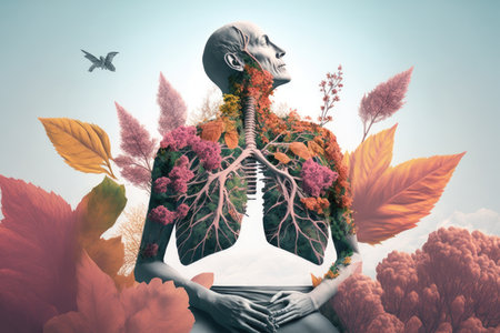 person, resting in peaceful garden, with view of the sky and lungs made from flowers, created with generative aiの素材