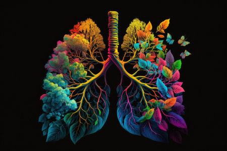 lungs blooming with the colors of the rainbow, bringing life and growth, created with generative aiの素材