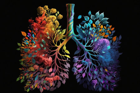 lungs blooming with the colors of the rainbow, bringing life and growth, created with generative aiの素材
