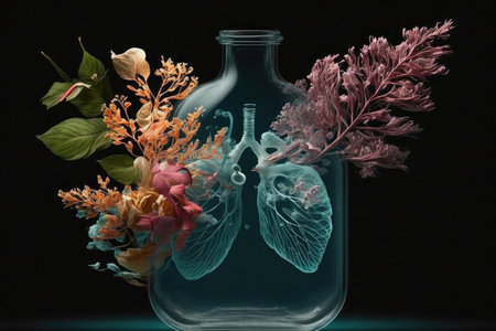 lungs made from flowers in vase, floating on water, created with generative aiの素材