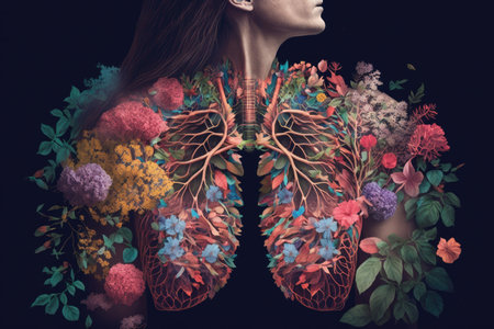 person, with close-up of their lungs, surrounded by blooming flowers, created with generative aiの素材