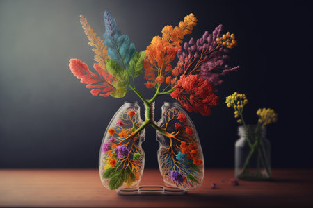 lungs made from flowers in vase on table, bringing a burst of color and life to any room, created with generative aiの素材