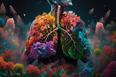 person, sitting in garden of colorful flowers, with close-up of their lungs, created with generative aiの素材