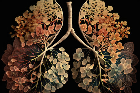 close-up of delicate flower petals forming the shape of a pair of lungs, created with generative aiの素材