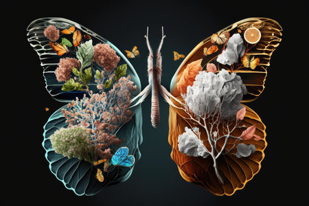 close-up of pair of lungs made from blooming flowers, with butterfly in the background, created with generative aiの素材
