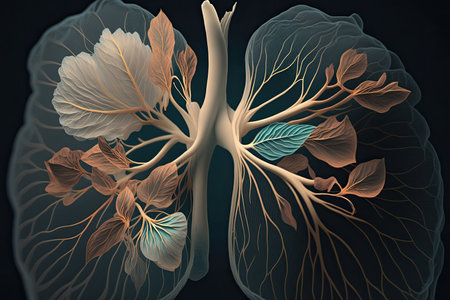 close-up of flowers delicate petals, with glimpse of lungs and chest visible, created with generative aiの素材