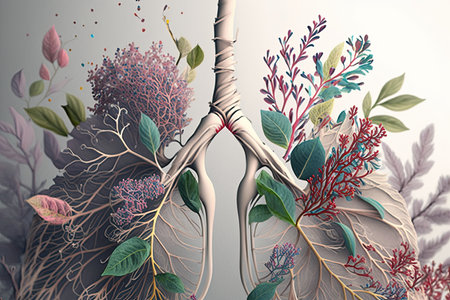 close-up of lungs, with intricate and delicate petals in full bloom, created with generative aiの素材
