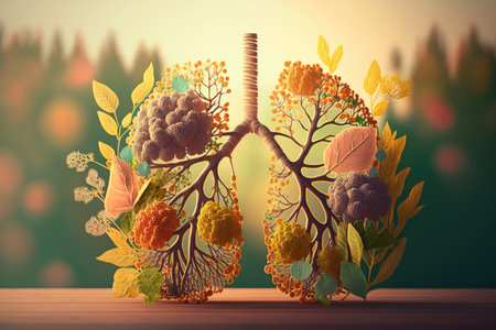 lungs made from flowers and surrounded by warm sunlight on a summer day, created with generative aiの素材