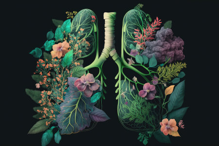 persons lungs, filled with blooming flowers and other greenery, representing a persons journey of recovery from illness, created with generative aiの素材