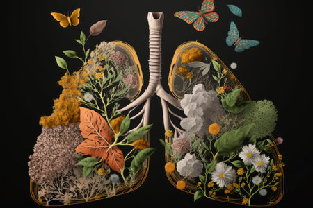 lungs made from flowers in a garden, with bees and butterflies buzzing around, created with generative aiの素材