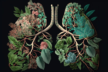 close-up of a pair of lungs made from delicate flowers and greenery, created with generative aiの素材