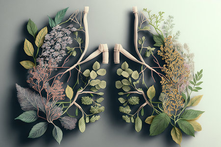 close-up of a pair of lungs made from delicate flowers and greenery, created with generative aiの素材