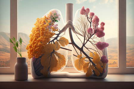 lungs made from flowers in vase, with view of tranquil landscape visible, created with generative aiの素材
