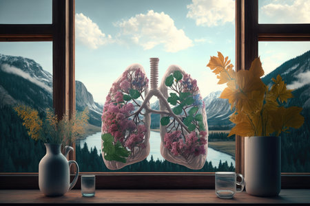 lungs made from flowers in vase, with view of tranquil landscape visible, created with generative aiの素材