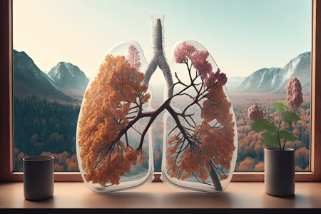 lungs made from flowers in vase, with view of tranquil landscape visible, created with generative aiの素材