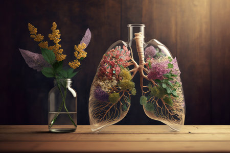 lungs made from flowers in a glass vase on a wooden table, created with generative aiの素材