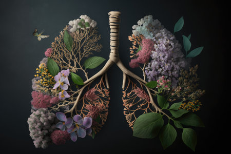 close-up of a lung with blooming flowers, the symbol of life and longevity, created with generative aiの素材
