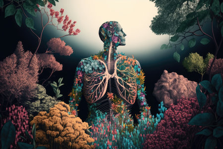 person, meditating in garden of flowers and herbs, with view of the lungs, created with generative aiの素材