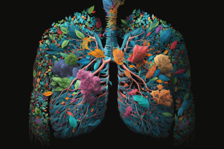 person, with open chest, showing their lungs made from colorful blooms, created with generative aiの素材