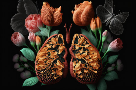 lungs made from blooming tulips, in striking contrast against black background, created with generative aiの素材