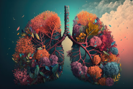 abstract, colorful landscape with lungs made of flowers, created with generative aiの素材