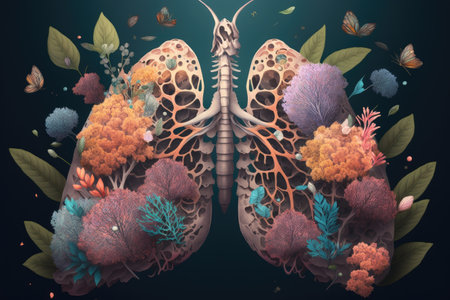 close-up of lung, surrounded by blooming flowers and butterflies, created with generative aiの素材