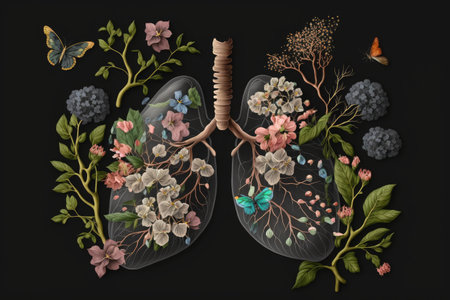 close-up of lung, surrounded by blooming flowers and butterflies, created with generative aiの素材