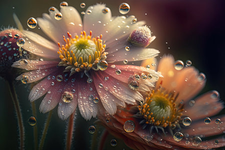 close-up of meadow flowers, with dew drops shining on their petals, created with generative aiの素材