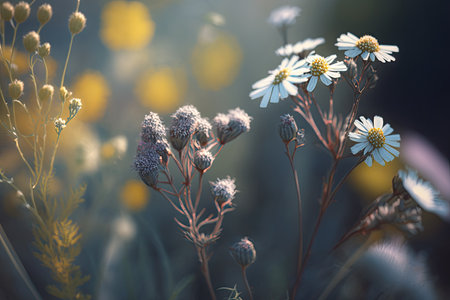 close-up of meadow flowers with details in full focus, created with generative aiの素材
