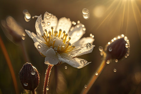 close-up of meadow flower with dew drops shining in the early morning sun, created with generative aiの素材