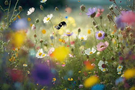 meadow filled with blooming wildflowers and bumblebees buzzing among the flowers, created with generative aiの素材