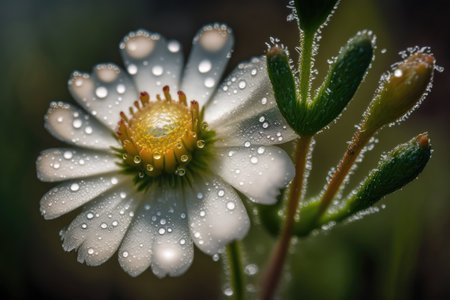 close-up of single meadow flower, with dew droplets and detail visible, created with generative aiの素材