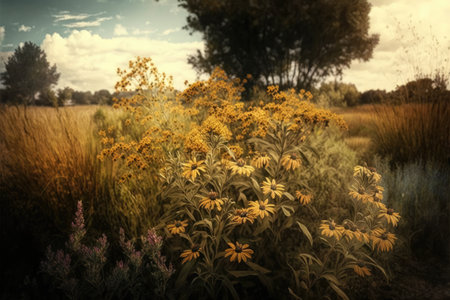 golden meadow with bursts of blooms in the late summer, created with generative aiの素材