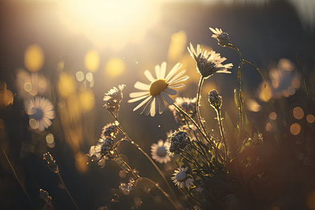 close-up of meadow flowers, with the sun shining brightly in the background, created with generative aiの素材