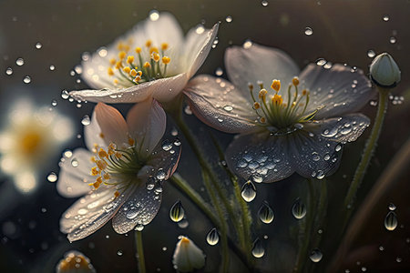 close-up of meadow flowers, with dew drops on their petals, created with generative aiの素材