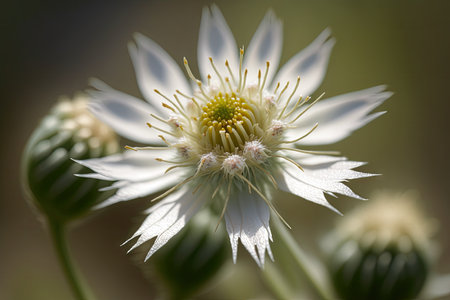 close-up of meadow flower, with its intricate and delicate petals in full view, created with generative aiの素材