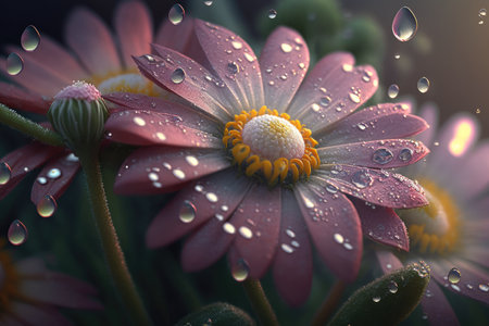 close-up of meadow flowers, with dew droplets glistening on petals, created with generative aiの素材