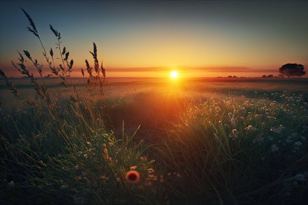 meadow at sunrise, with the sun rising above the horizon, created with generative aiの素材