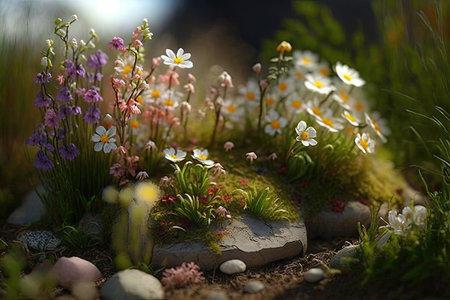 miniature meadow with delicate flowers, for fairy garden, created with generative aiの素材