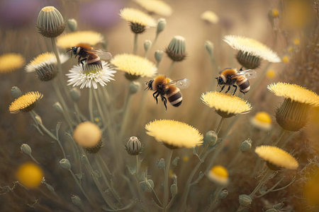 close-up of meadow flowers, with bees buzzing among the blooms, created with generative aiの素材
