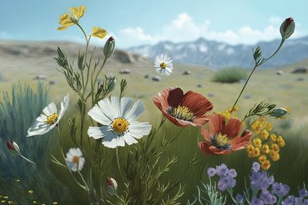 close-up of meadow flowers, with a wide view of the surrounding scenery, created with generative aiの素材