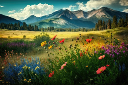 meadow with vibrant wildflowers in the foreground and mountain range in the background, created with generative aiの素材