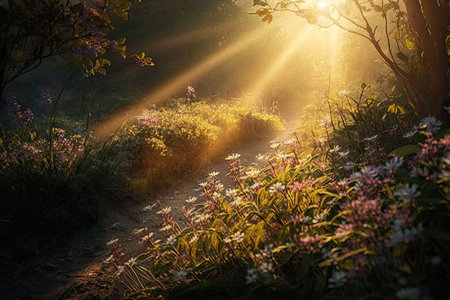 meadow with sunbeams shining through the flowers and dappling the ground, created with generative aiの素材