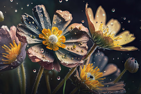 close-up of meadow flowers, with dew droplets on their petals, created with generative aiの素材