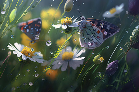 close-up of field of meadow flowers, with dewdrops and butterflies, created with generative aiの素材